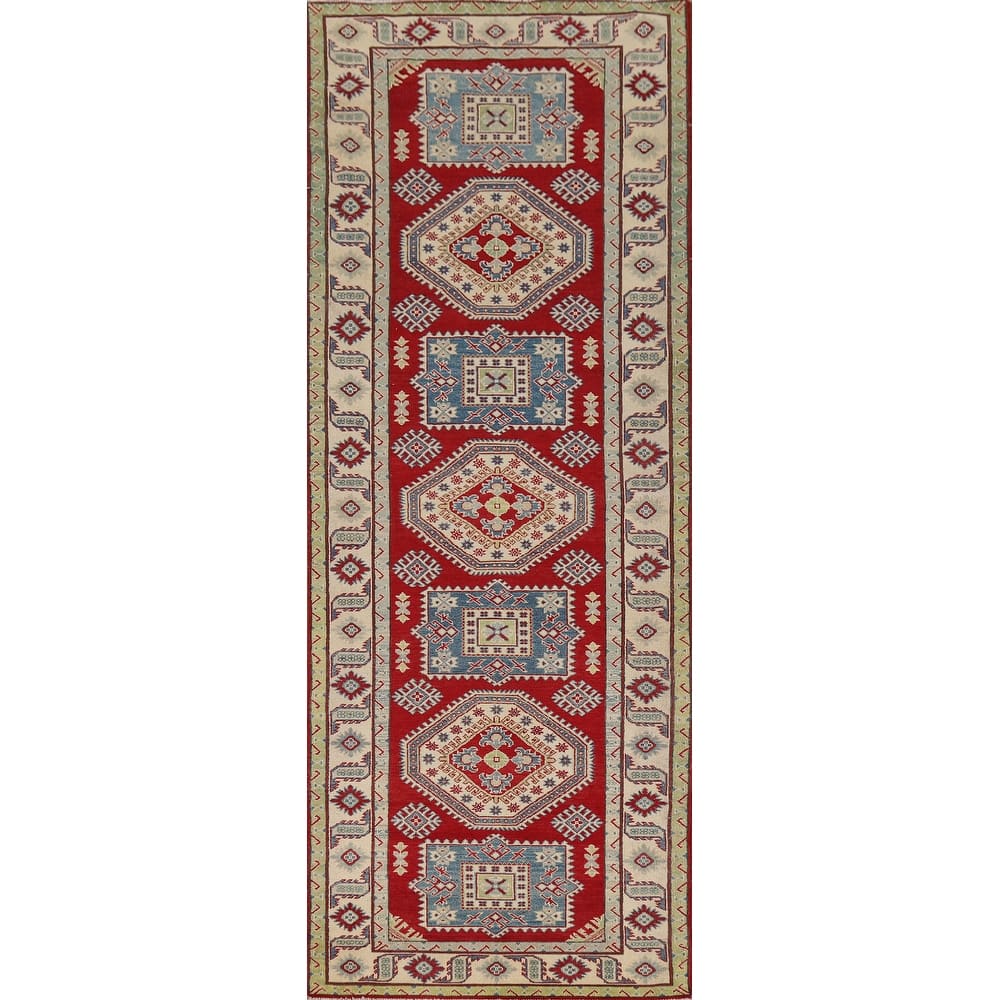 Red Geometric Kazak Runner Rug Handmade Oriental Wool Carpet - 4'1" x 13'8"
