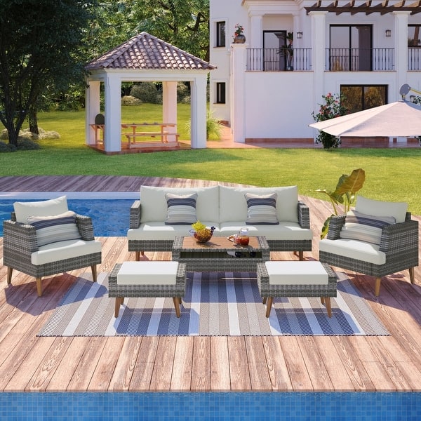 slide 2 of 9, Outdoor Wicker 6-piece Sofa Set with Double Cushions Grey+Beige