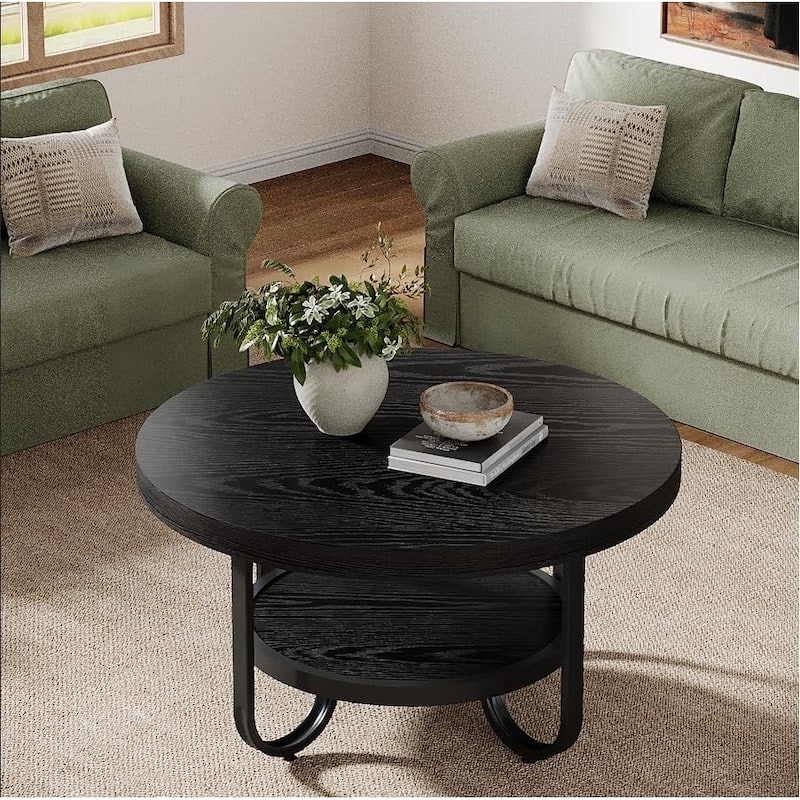 Round Coffee Table for Living Room, 2-Tier Center Table - Black - MDF
