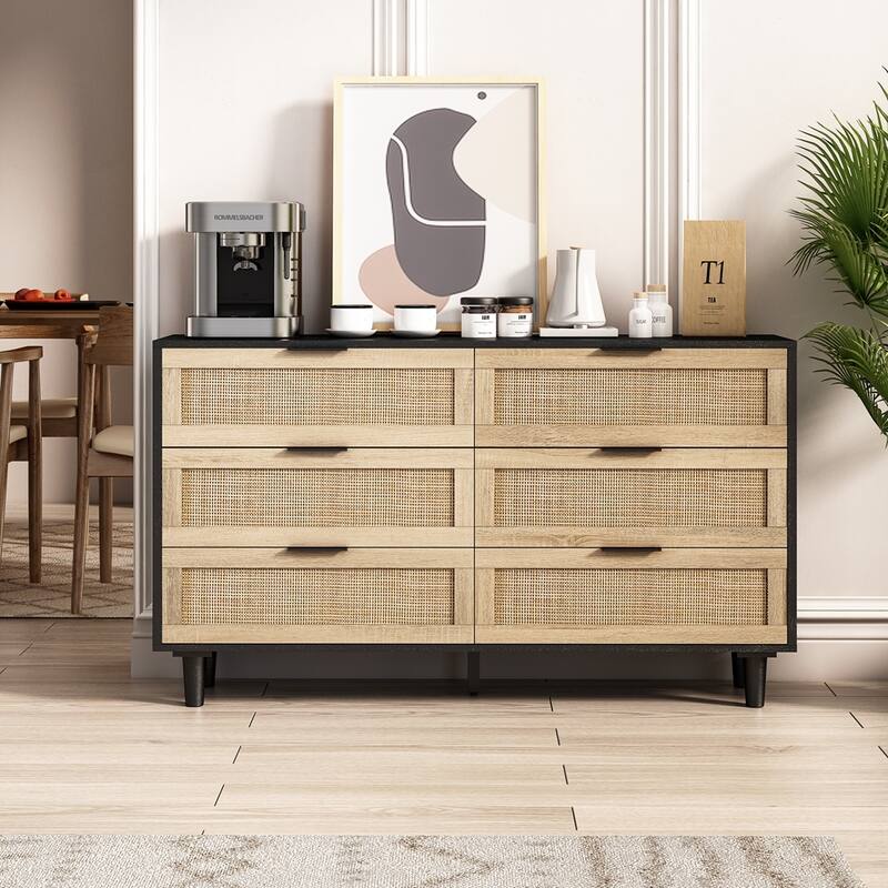 Modern 6-Drawers Rattan Storage Cabinet Rattan Drawer - Black+Natural - 51.18"