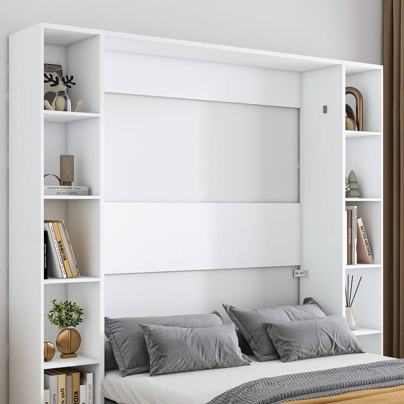 Queen Size Murphy Bed Foldable Wall Bed Frame Cube Cabinet Bed, Solid Wood Support Strips Platform Bed, Save-Space Hidden Bed