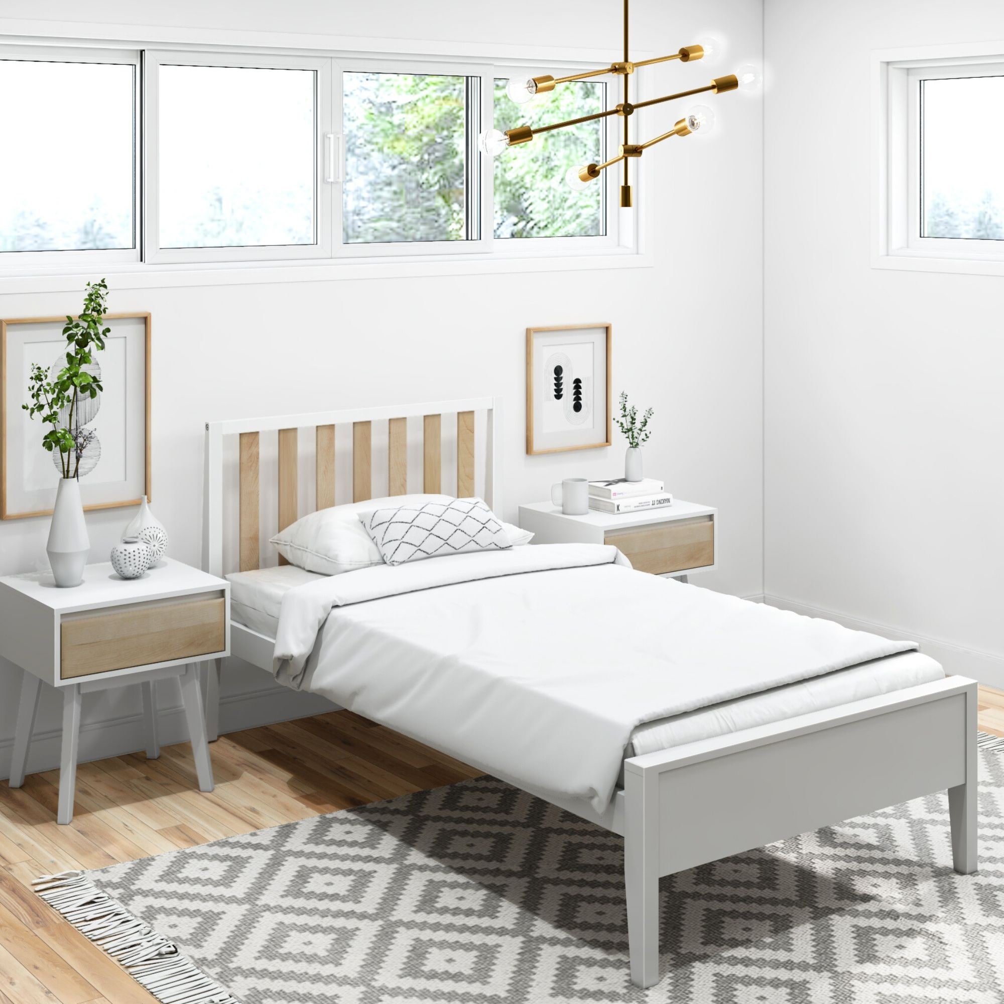 Scandinavian Twin Size Bed with Slatted Headboard