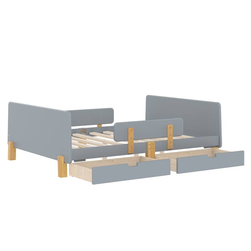 Low Profile Solid Wood Platform Bed Frame with Storage Drawers, Guardrails and Headboard, Footboard with Small Shelf and Hooks