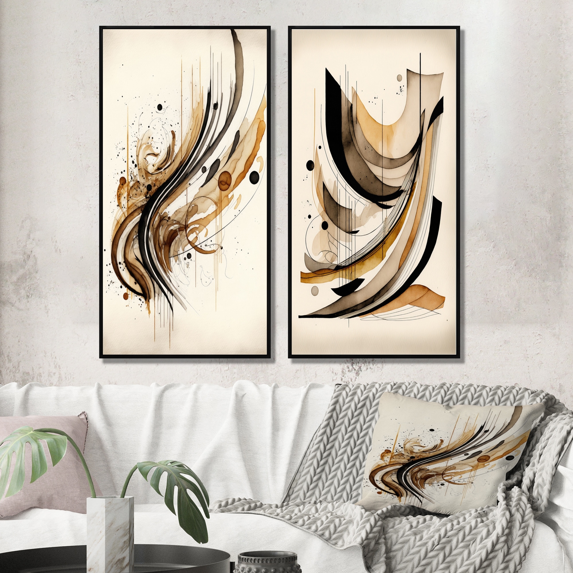 Designart "Brown And Black Movement" Abstract Minimalism Framed Wall Art Set Of 2 - Brown Wall Art Set Of 2