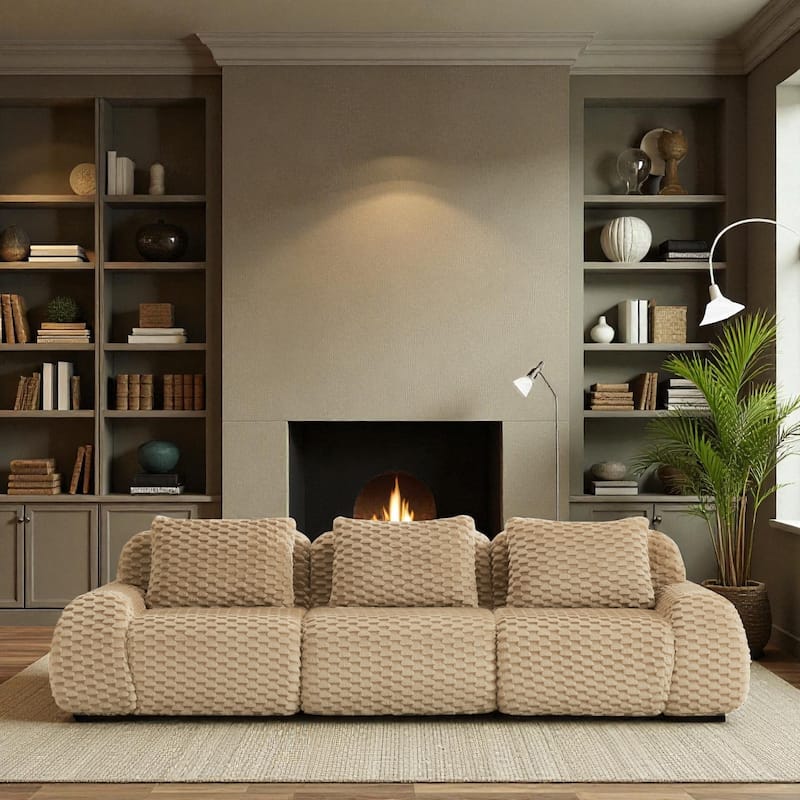 114" Modern Modular Flannelette Sectional Sofa, Oversized 3-Seater Deep Seat Boneless Couch with Buckle Connection