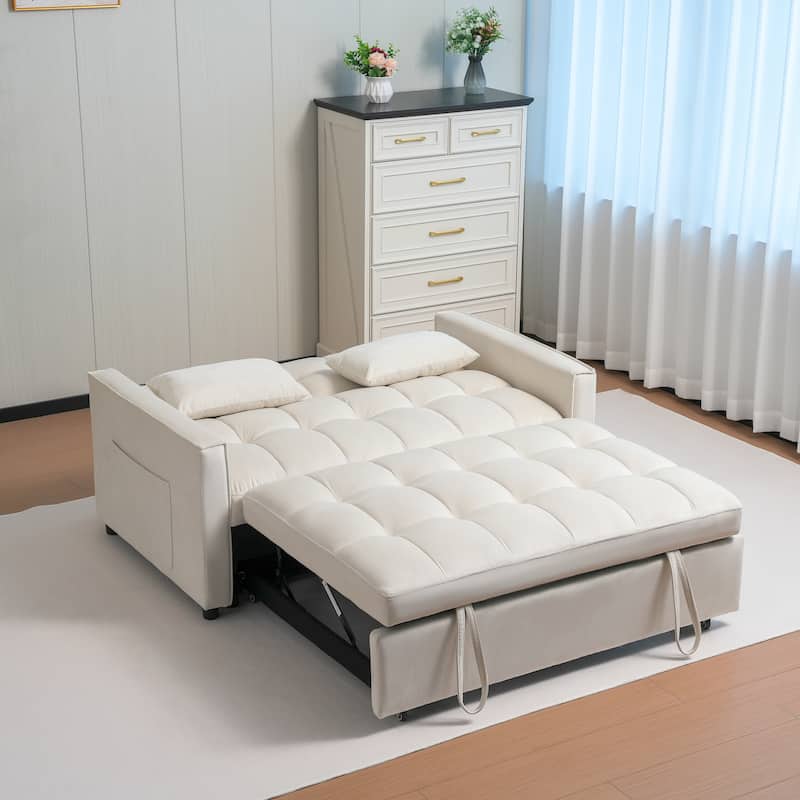 55.91" Velvet 4-Seater Sleeper Sofa with Storage Pockets and 2 Pillows, Adjustable Backrest