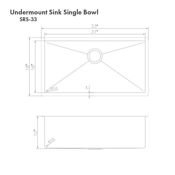 dimension image slide 0 of 5, ZLINE Meribel Undermount Single Bowl Scratch Resistant Stainless Steel Kitchen Sink with Bottom Grid