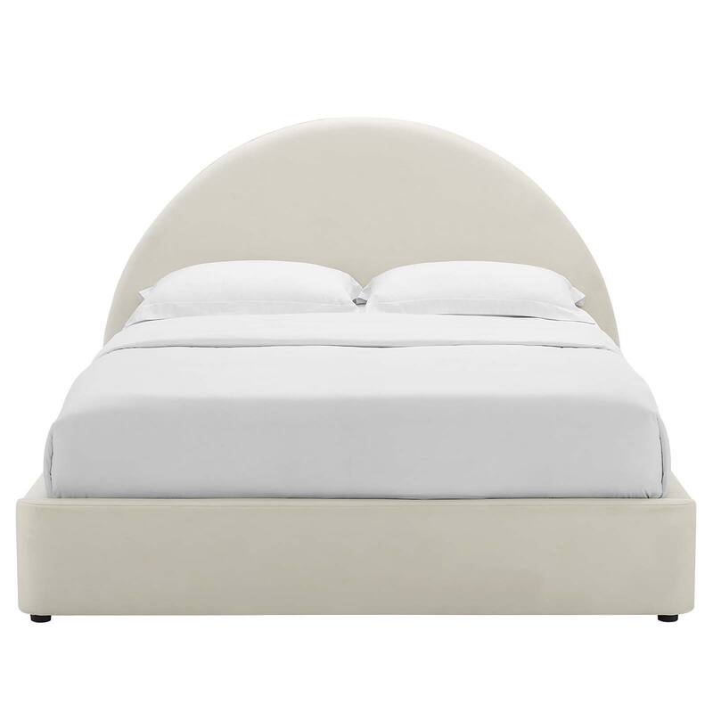 Palmetto Modern Round Headboard Off-white Velvet Upholstered King Size Platform Bed