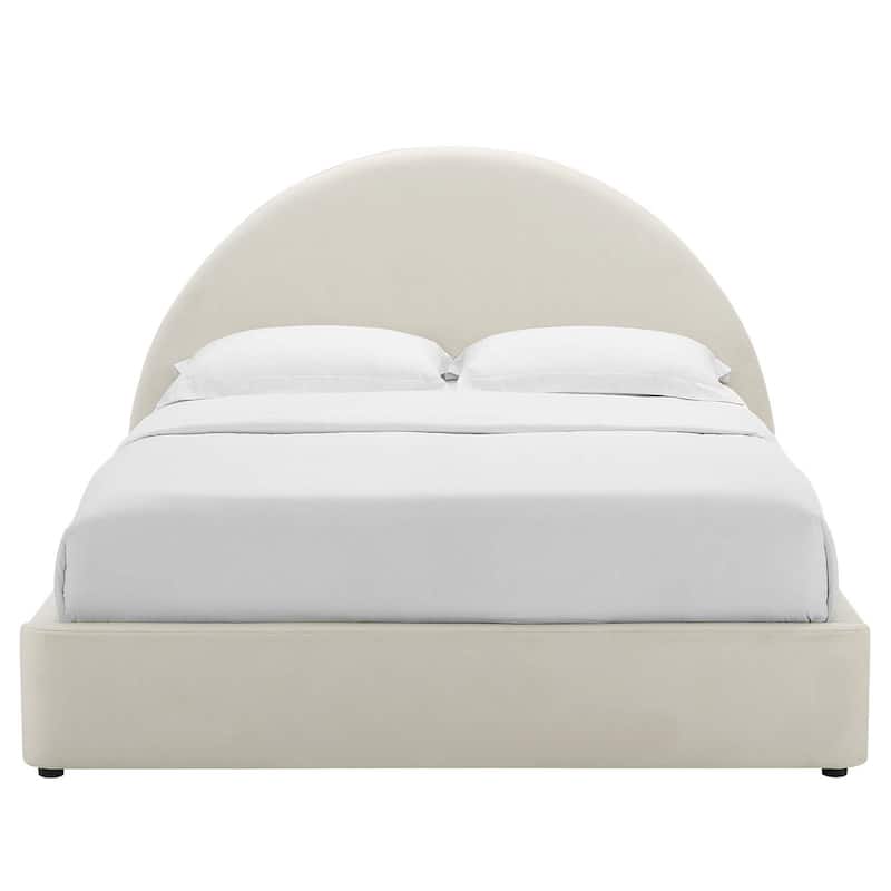 Palmetto Modern Round Headboard Off-white Velvet Upholstered Queen Size Platform Bed