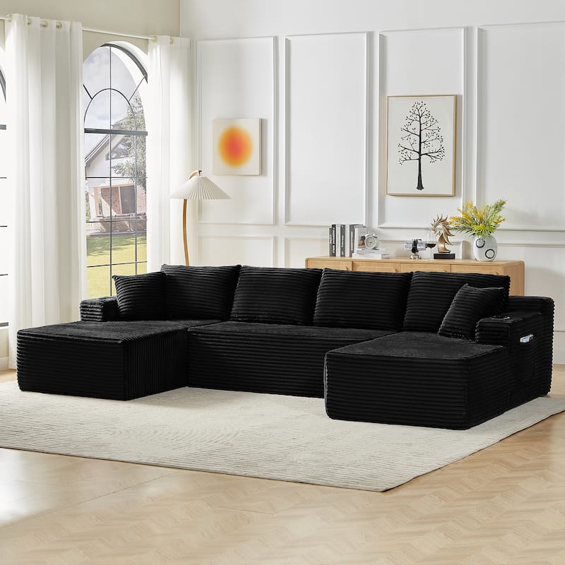Minimalist Modular Lounge Couch U-shaped Sectional Sofa with Chaise, Corduroy Sleeper Sofa Bed with Side Pockets and Cup Holders