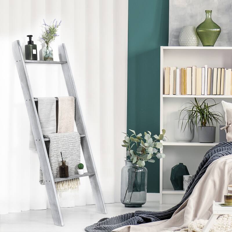 54” Leaning Wooden Blanket Ladder Rack for Storage Decorative Towel Shelf for Bedroom and Bathroom - 20" x 3" x 54" (L x W x H)