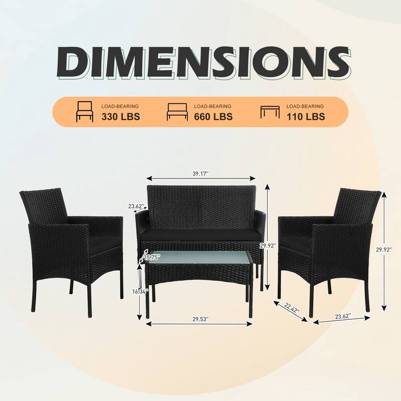 4 Piece Patio Conversation Wicker Furniture Set, Outdoor Rattan Sectional Furniture Set With Cushions