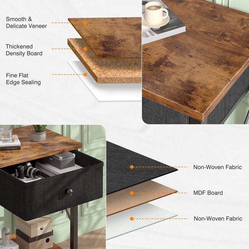 VECELO X Frame Nightstand with Removable Fabric Drawer Easy to Clean Nightstand Multifunctional End Table with Open Shelf