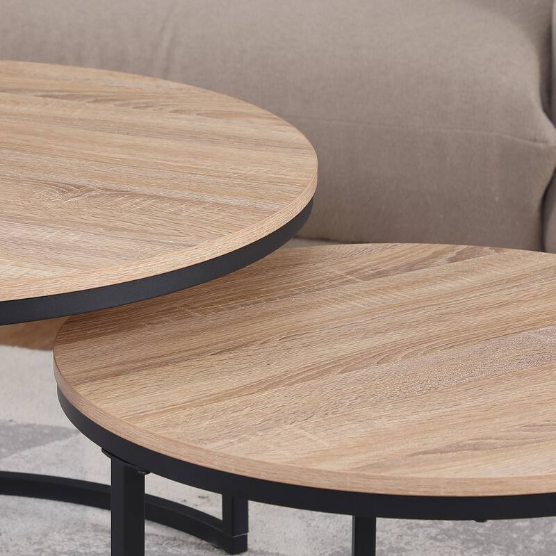 24" Round Nesting Table, Accent Coffee Table, Natural Oak Wood Finish, Space-Saving, Modern Industrial Style