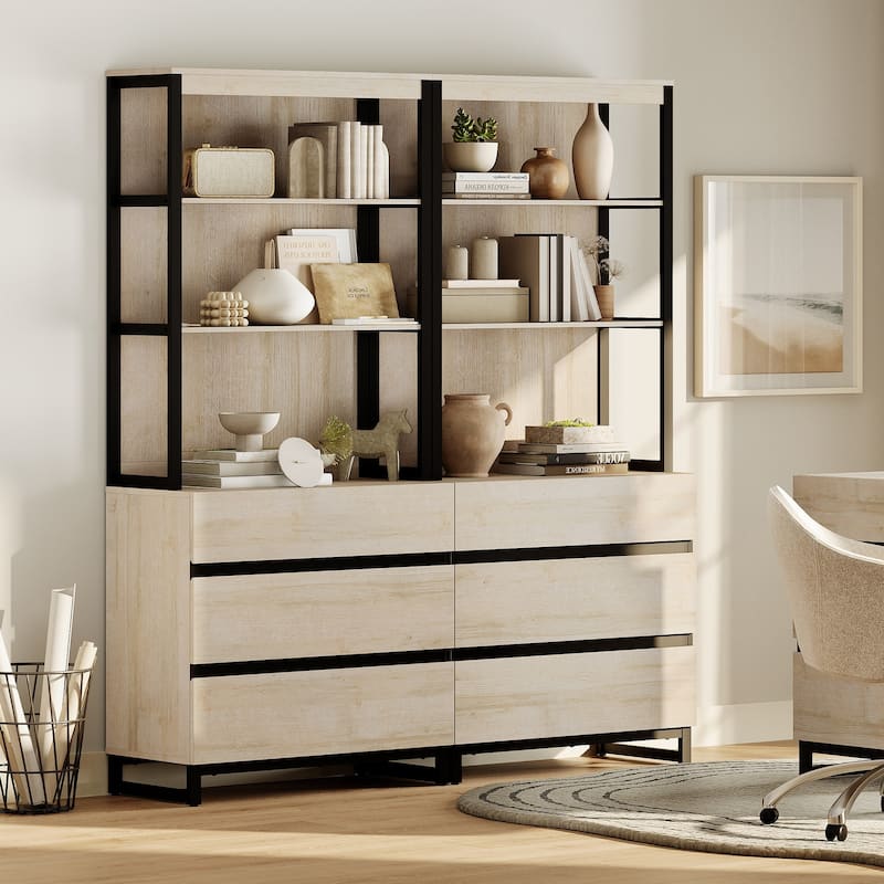 WAMPAT Modern 72" Tall Bookcase with Drawers and Open Book Shelfs, Library Book Shelf for Home Office, Living Room