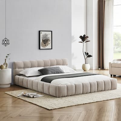 Chenille Fabric Grounded Queen Size Platform Bed with Headboard and Solid Frame