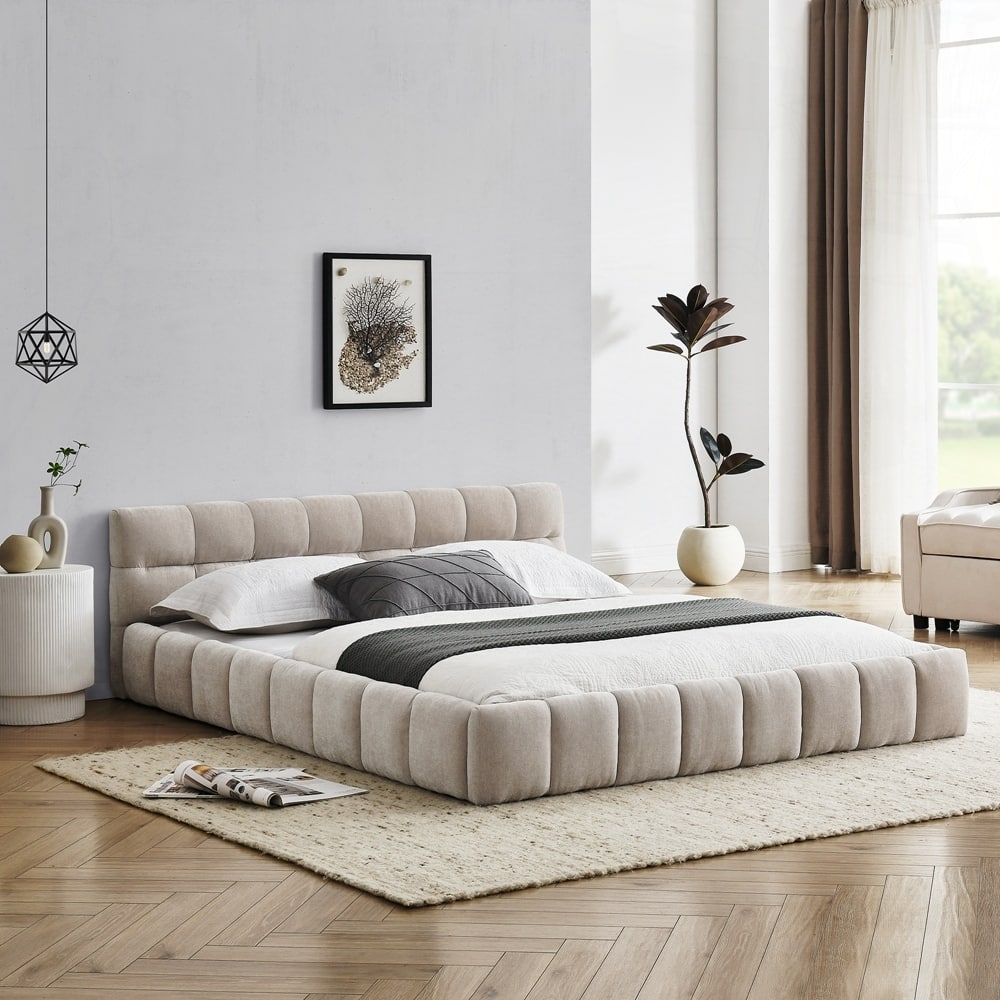 Chenille Fabric Grounded Queen Size Platform Bed with Headboard and Solid Frame