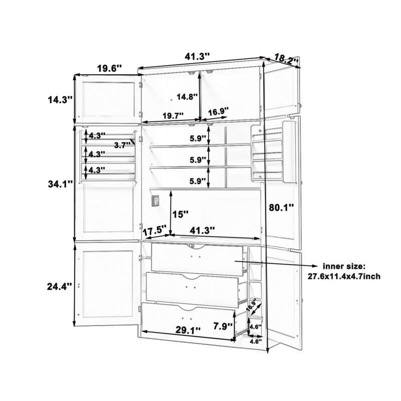 Roomfitters 80 Inch Extra Tall Kitchen Pantry Cabinet with Power Outlets and Wine Rack, Shaker Style