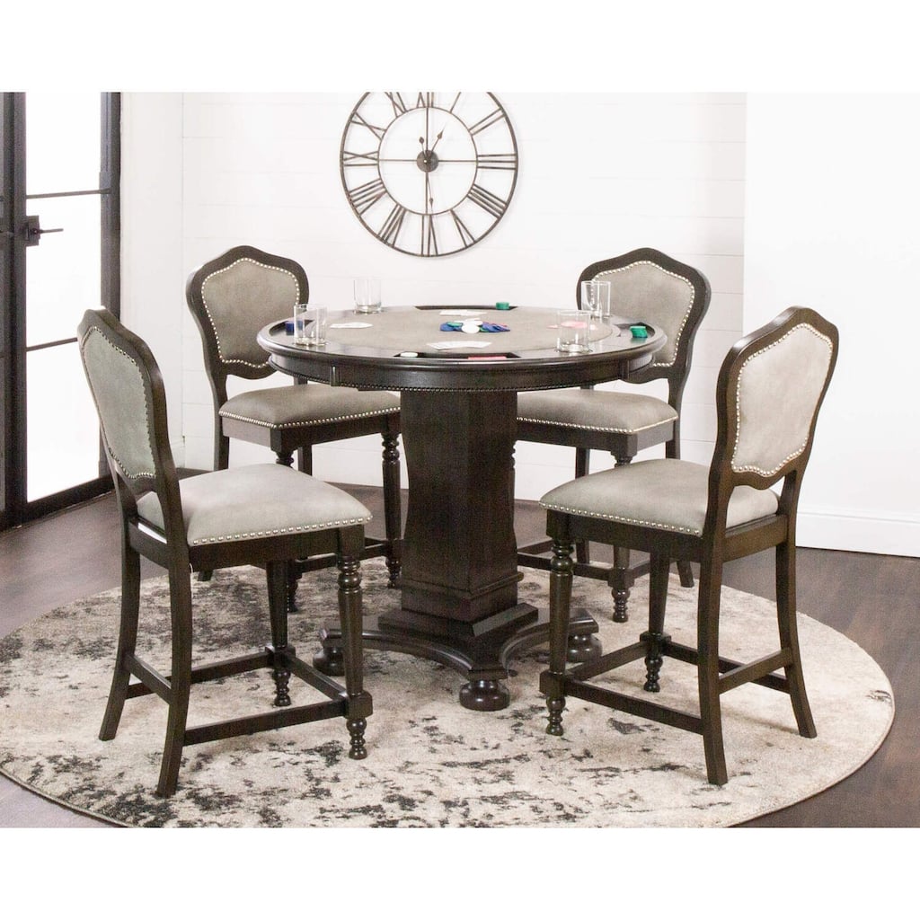 5 Piece Round Counter Height Dining Game Table Set - Poker, Chess, Rummy - Distressed Gray Wood & Stools