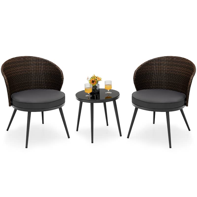 3PCS Patio Rattan Bistro Furniture Set Cushioned Chair Table Garden - Grey,Black