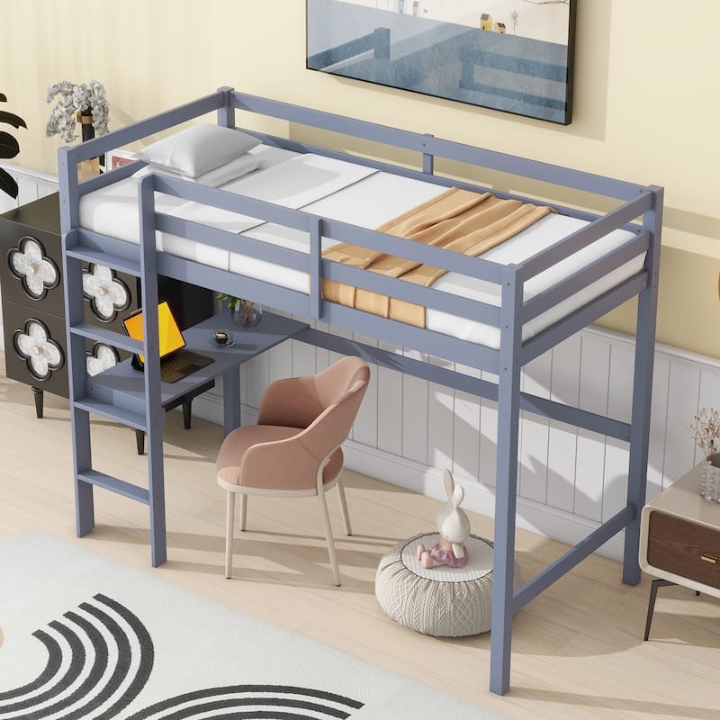 Twin High Loft Bed, Rubber Wood Loft Bed with Safety Guardrail, built-in desk, ladder, Grey