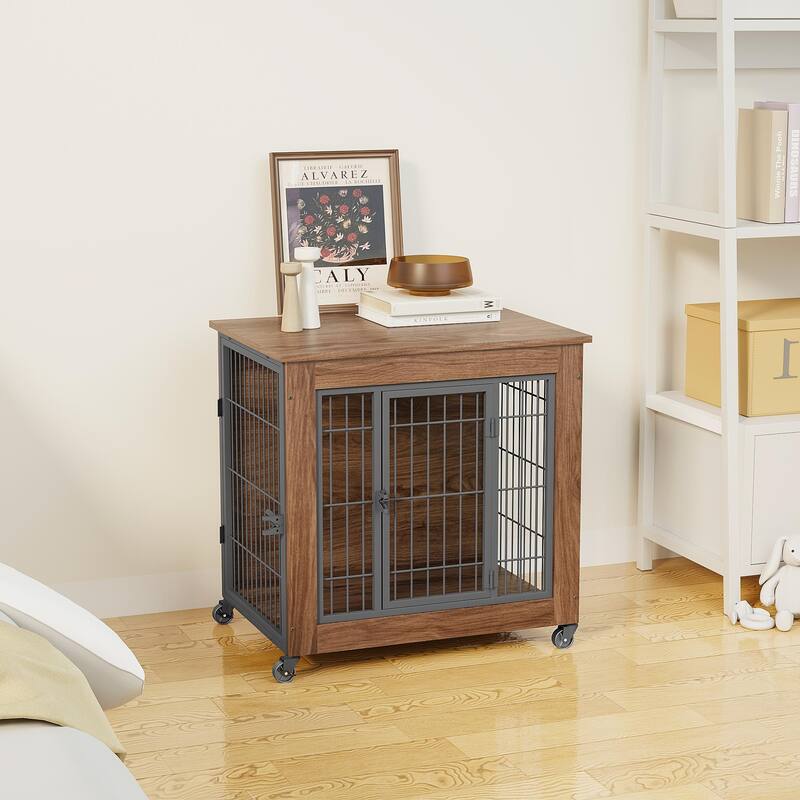 27.2" Dog Crate Furniture with Wheels for Small Dogs, Heavy Duty Dog Kennel Indoor with 2 Doors, Double-Doors Sturdy Dog Cage