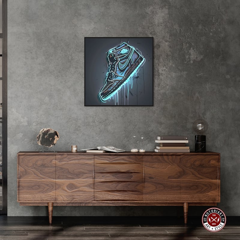 Notoriart Blue Glow Sneaker Framed Sneaker 1 Piece Canvas Wall Art