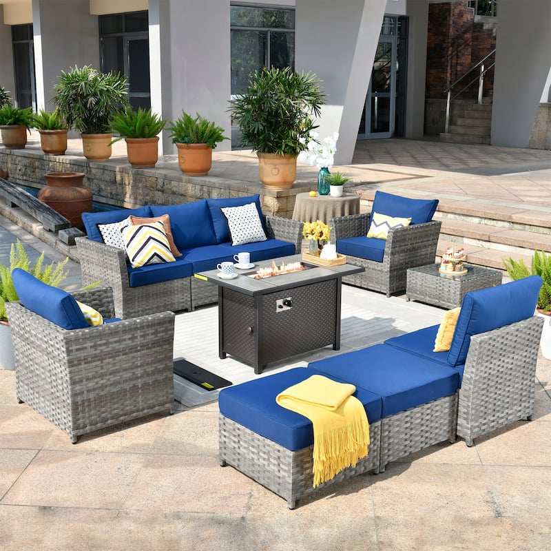 HOOOWOOO 10-piece Wicker Patio Furniture Sectional Set with Steel Fire Pit Table - Navy Blue