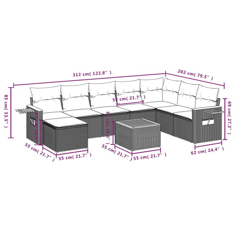 vidaXL Patio Sofa Set with Cushions Outdoor Conversation Furniture Poly Rattan - 21.7 x 21.7 x 14.6 in