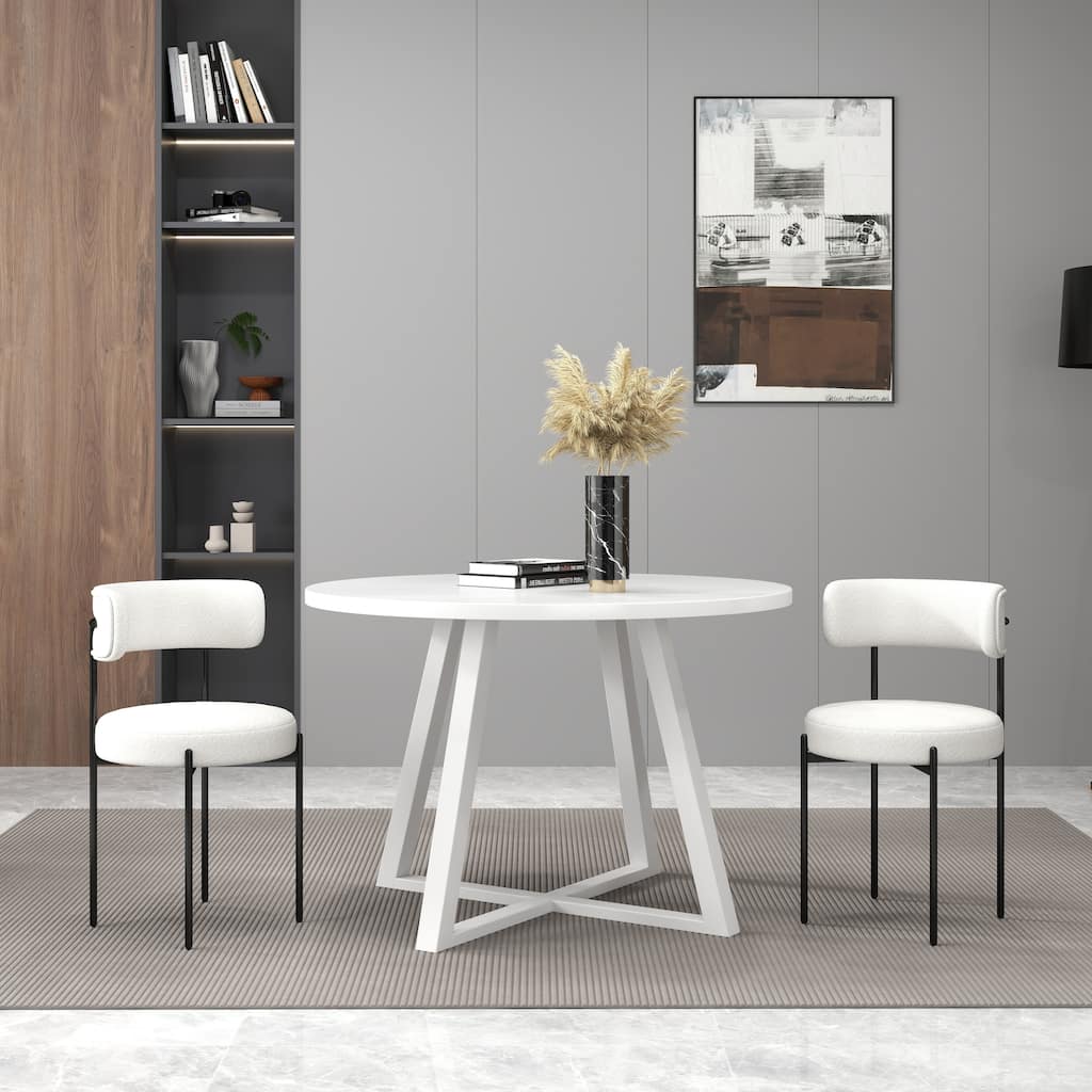 Durban 3-Piece Round Dining Set, Trestle Dining Table with 2 Boucle Chairs for Small Spaces Dining Room Restaurant