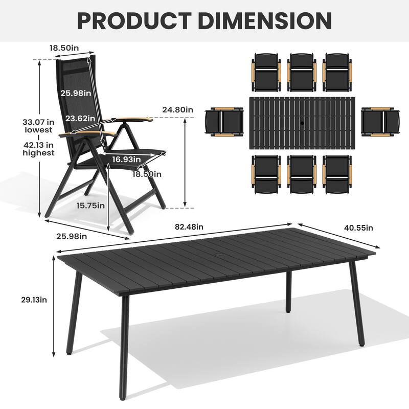 Outdoor Dining Set 8 Aluminum Folding Chairs with Adjustable Back and Rectangule Dining Table with Umbrella Hole