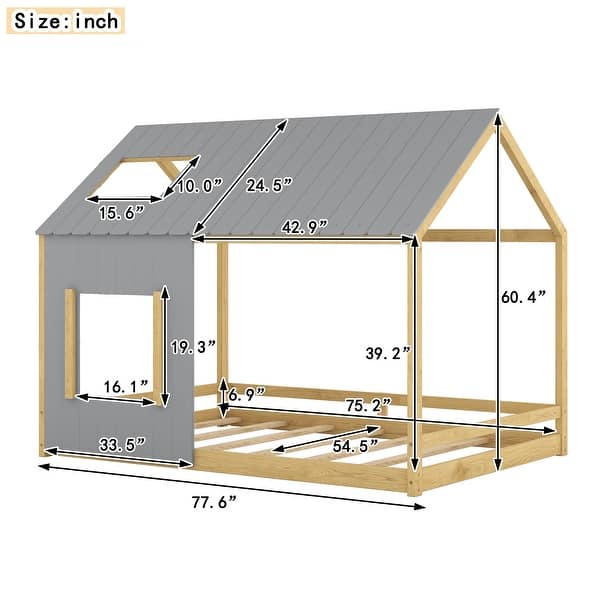 Gray/Natural Modern Full Size Pine Wood House Bed with Roof and Window, Sturdy Construction