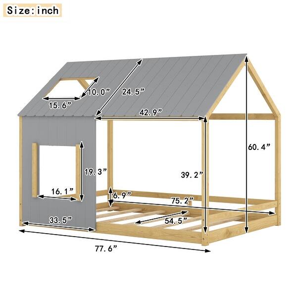 Gray/Natural Modern Pine Wood House Bed with Roof and Window, Sturdy Construction