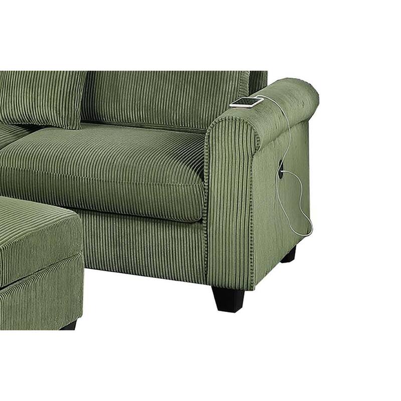 Roe 3pc Sectional Sofa Set w Chaise, Ottoman, 2 Pillows, Sage Green