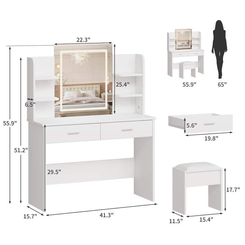 Makeup Vanity Set with Mirror, Stool， Charging Station， 2 Drawers, 6 Shelves