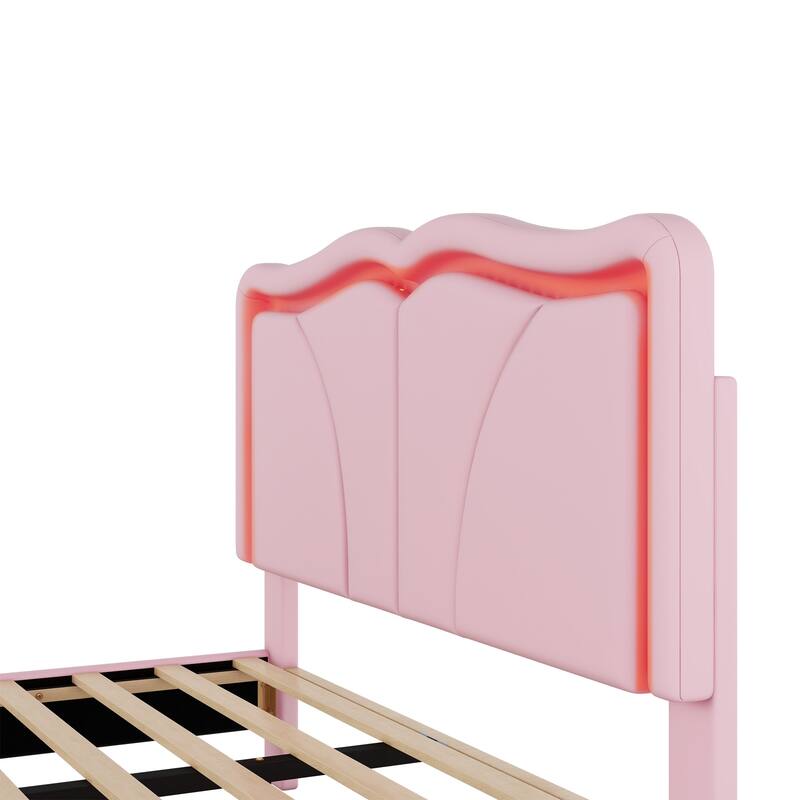 Full Size Upholstered Platform Bed with Adjustable Headboard and LED Light, Pink