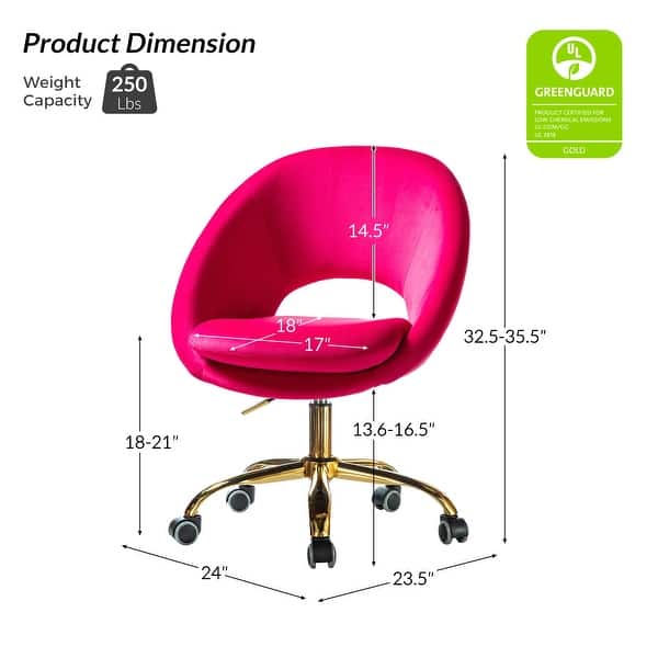 dimension image slide 7 of 18, HULALA HOME Ramona Modern Velvet Height Adjustable 360 Swivel Task Chair with Metal Base