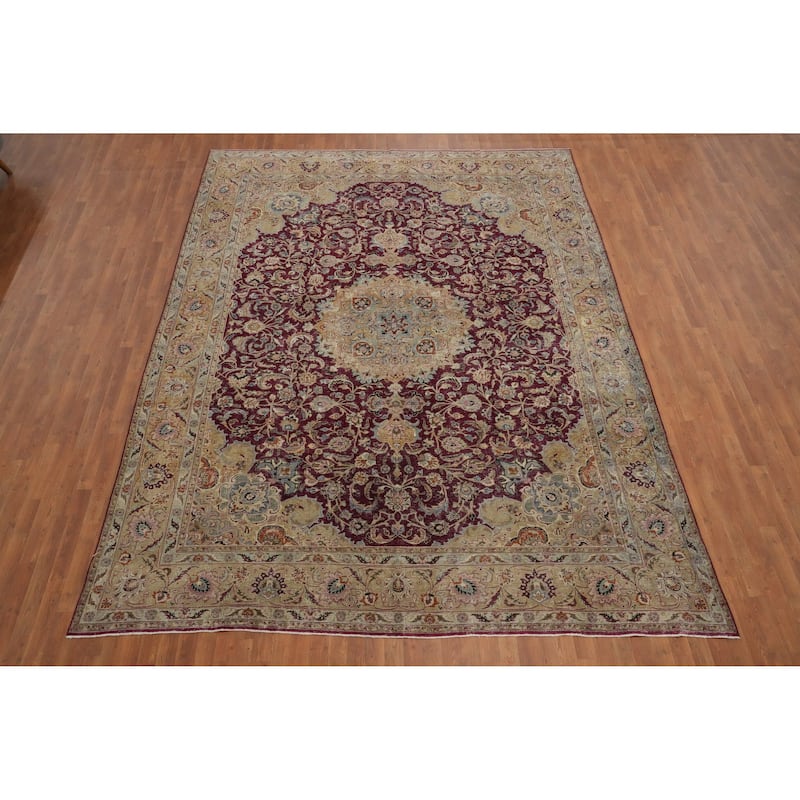 Hand Knotted Oriental 100% Wool Carpet Traditional Floral Red Kashan Area Rug - 12' 9'' X 9' 7''