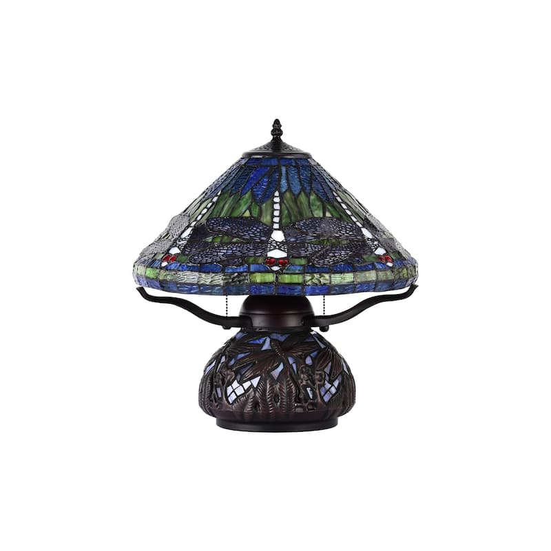Shulba Dragonfly Base and Shade 2-Light Table Lamp Blue Tiffany Style Glass