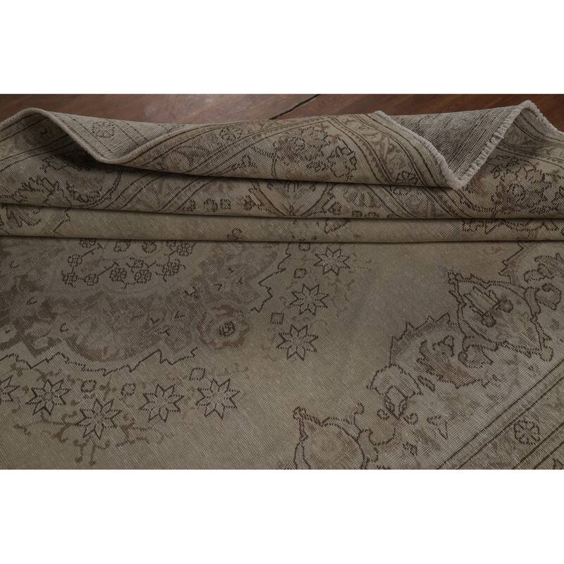 Tabriz Persian Vintage Rug Hand-Knotted Beige Oriental Wool Carpet - 8'2" x 11'2"
