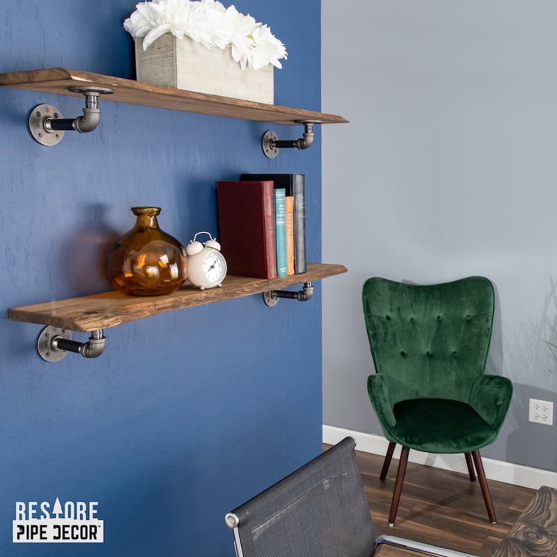 PIPE DECOR Live Edge Reclaimed Wood Shelf with Industrial Pipe Brackets, Set of 2