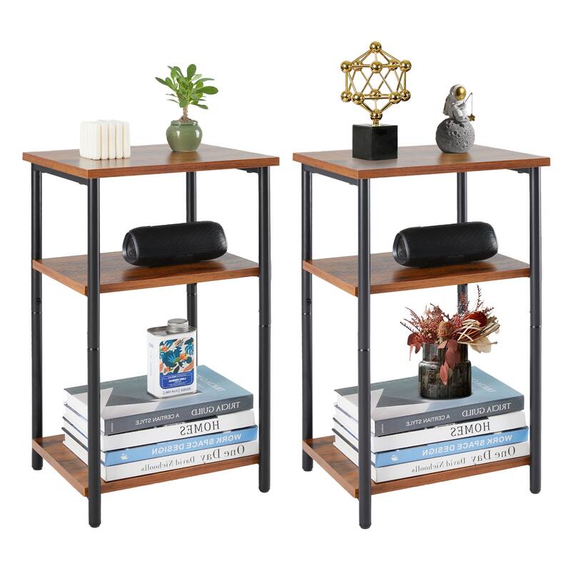 Brown 3 Layer Coffee Table Bedside Table with Storage Shelf Adjustable for Living Room-2 Pack - LxWxH：13.3 x 11.8 x 22.7 inch - Wood