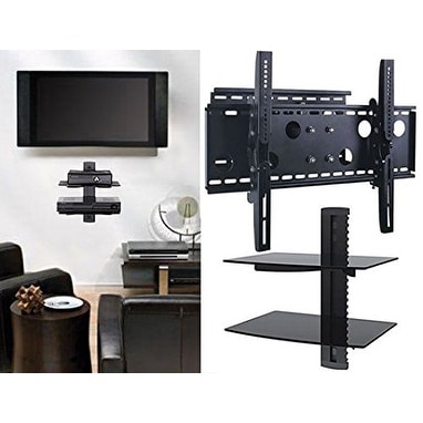 2xhome - NEW TV Wall Mount Bracket (Single Arm) & Double Shelf Package - Secure Cantilever LED LCD Plasma Smart 3D WiFi