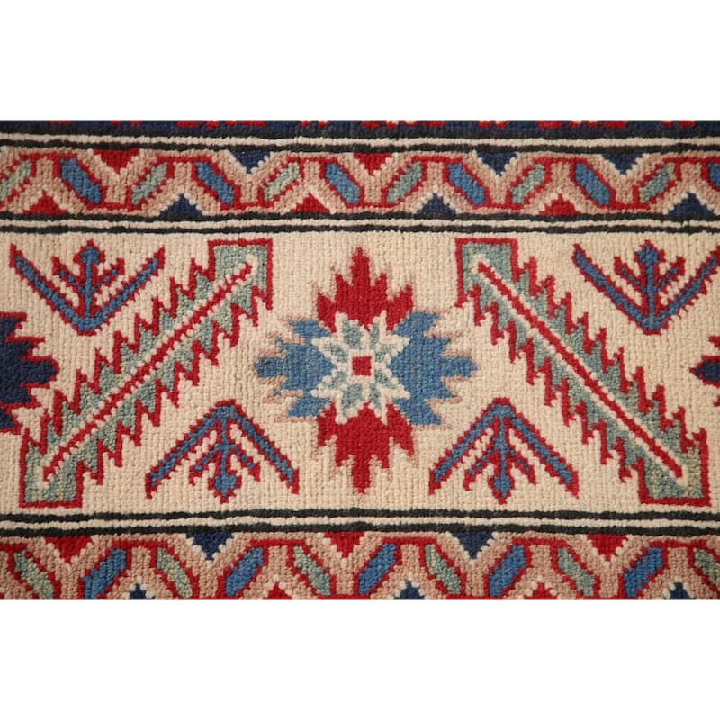 Red Geometric Kazak Area Rug Hand-Knotted Living Room Wool Carpet - 6'8" x 9'9"