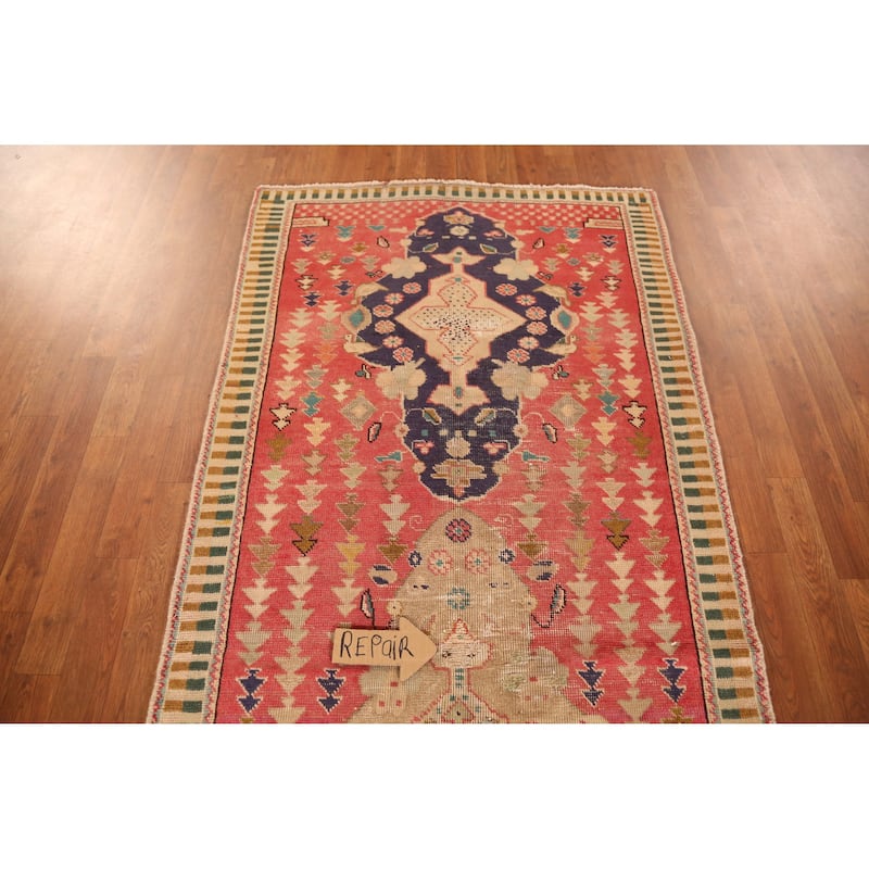 Hand Knotted Oriental 100% Wool Carpet Traditional Geometric Pink Tabriz Runner Rug - 9' 7'' X 3' 3''