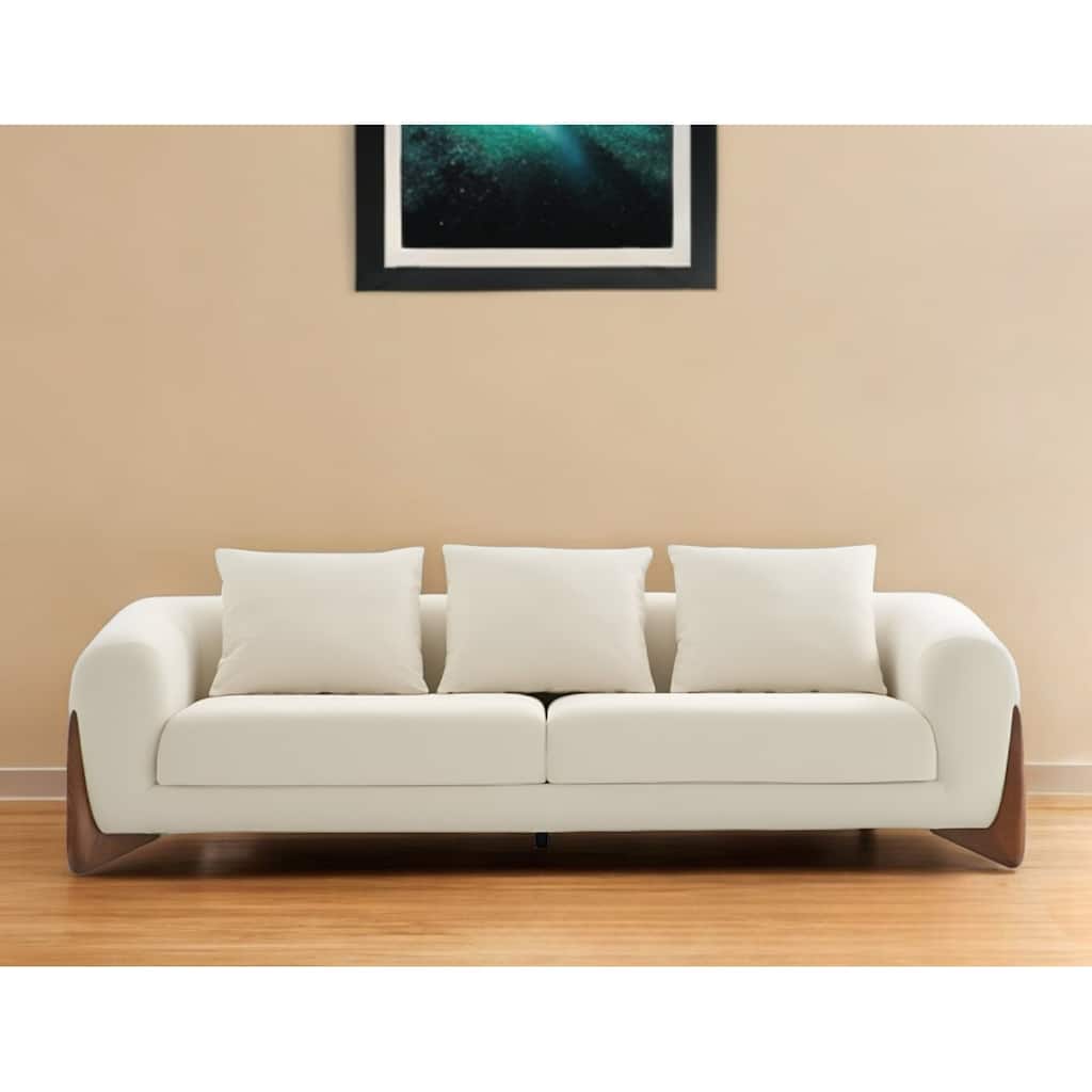 HomeRoots 100" Cream Fabric Sofa With Wood Brown Legs