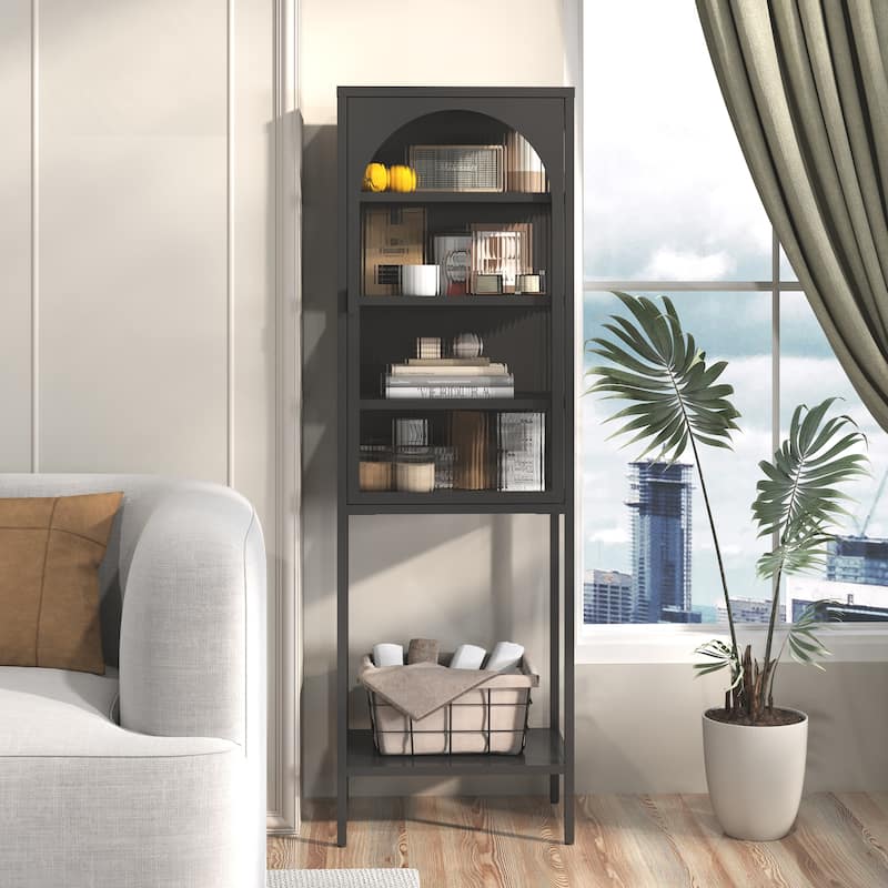 Metal Glass Door Display Storage Cabinet - 5-Tier Cube Bookshelf Storage Cabinet with 3 Adjustable Shelves