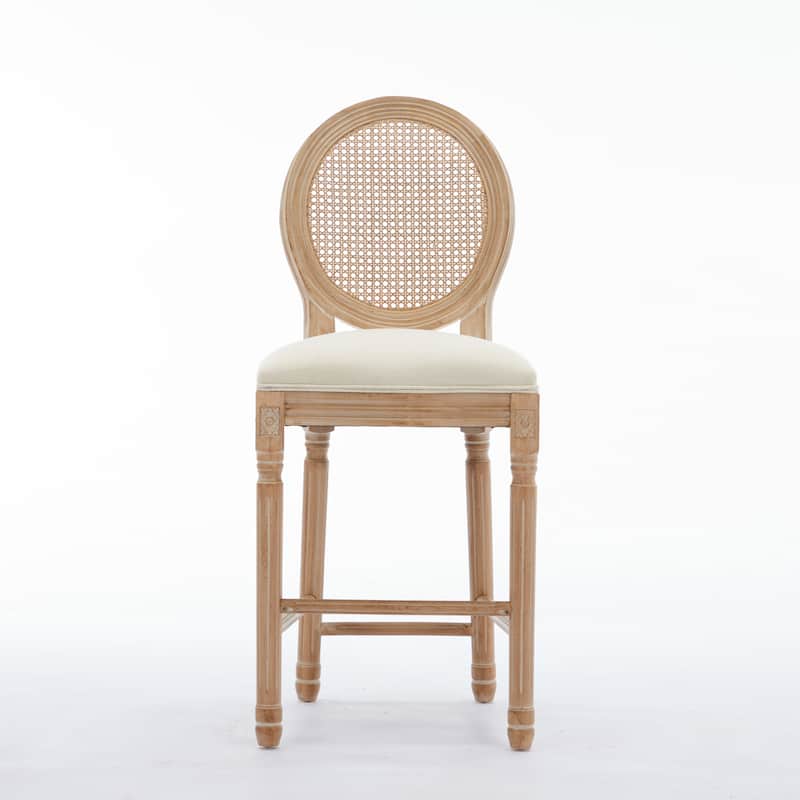 Solid Wood Bar Stools Set of 2, Counter Height Upholstered Bar Stools, Kitchen Bar Stools with Round Rattan Back - Beige