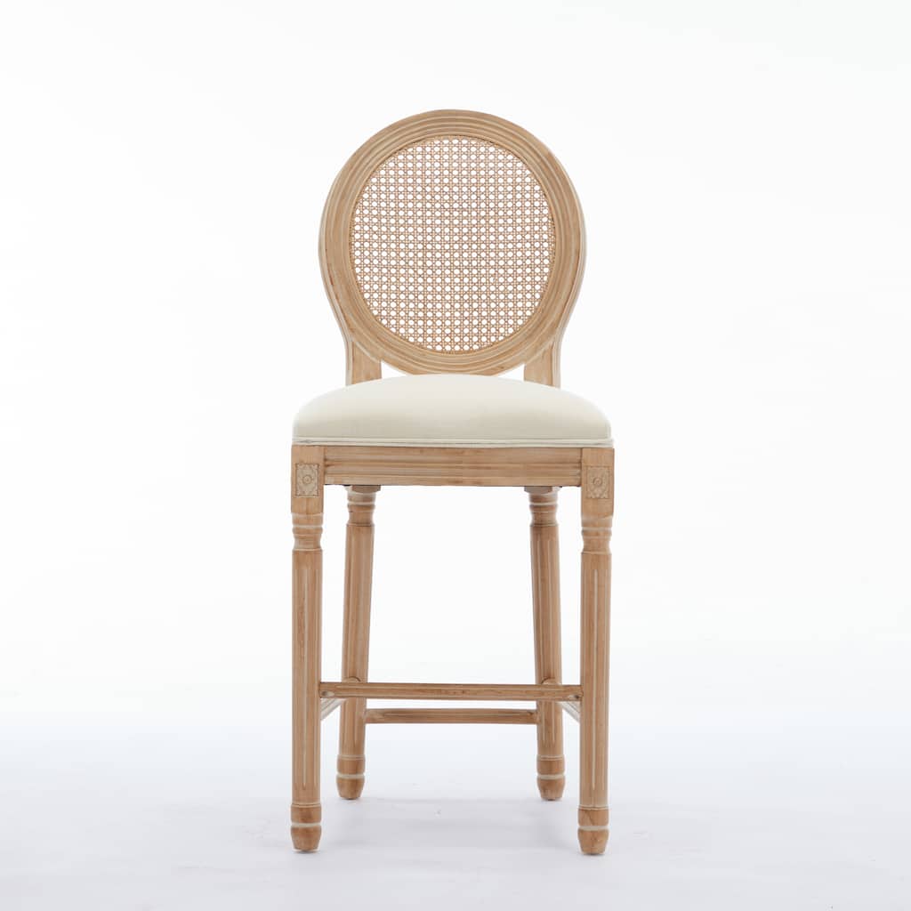 Solid Wood Bar Stools Set of 2, Counter Height Upholstered Bar Stools, Kitchen Bar Stools with Round Rattan Back