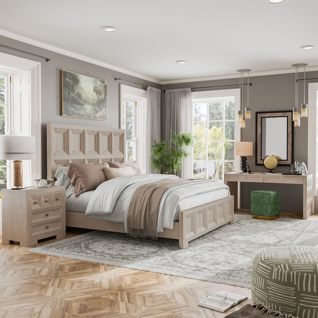 Furniture of America Durem Modern Classic 3-Piece Solid Wood Tawny Panel Bed with Desk and Nightstand Set